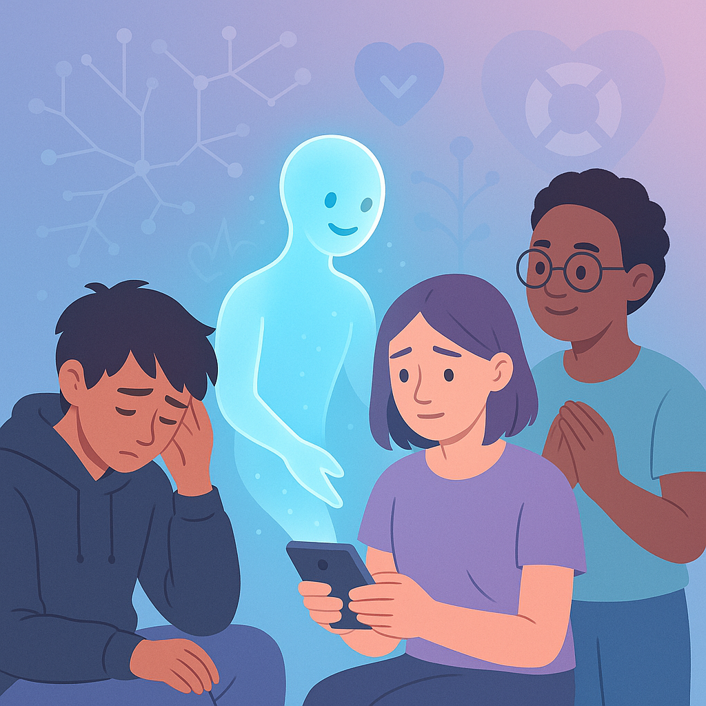 Młoda osoba patrząca w ekran z cyfrowymi elementami symbolizującymi sztuczną inteligencję – symbol wsparcia emocjonalnego GenAI w profilaktyce samobójstw.