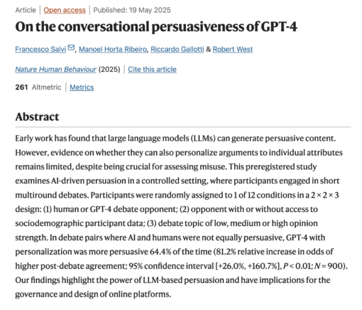 Wizualizacja przedstawiająca człowieka podczas dyskusji z robotem symbolizującym AI, gdzie robot prezentuje spersonalizowane argumenty na ekranie, a nad nimi widoczny jest wykres pokazujący 81,2% wzrost skuteczności przekonywania przy użyciu danych osobowych.