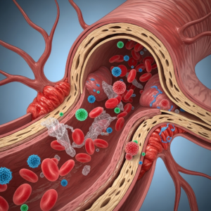 Grafika przedstawiajaca ludzka tetnice, w ktorej obok czerwonych krwinek pyna mikroskopijne, kolorowe czasteczki plastiku, z widocznym stanem zapalnym sciany naczynia