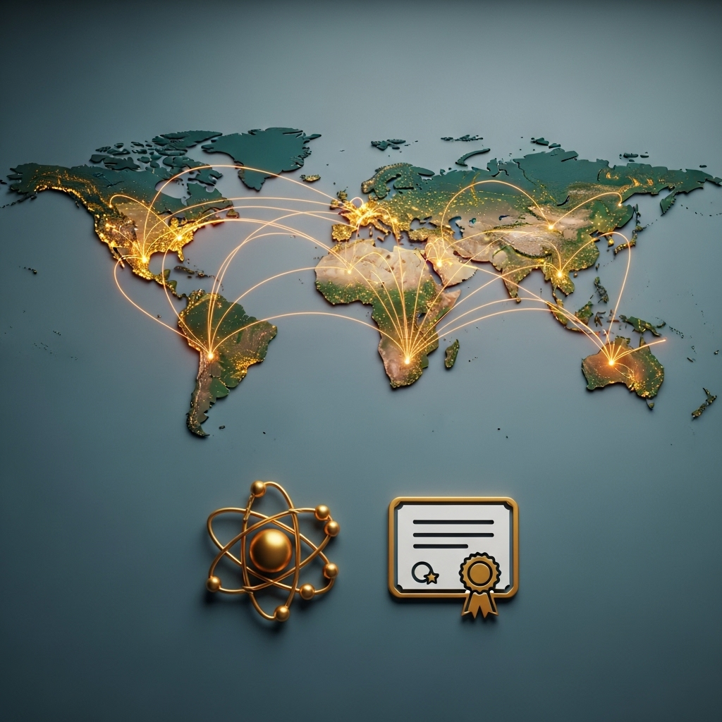 Mapa świata z zaznaczonymi połączeniami sieciowymi między różnymi miastami, symbolizująca globalne powiązania diaspory wiedzy. Na pierwszym planie stylizowana ikona atomu i dyplomu.