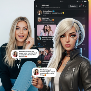 Porównanie wizerunku ludzkiej influencerki i wirtualnej influencerki CGI, takiej jak Lil Miquela, na tle interfejsu mediów społecznościowych.