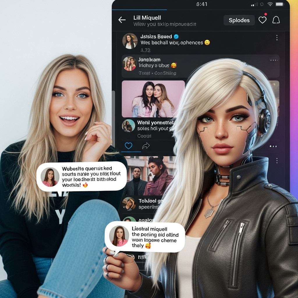 Porównanie wizerunku ludzkiej influencerki i wirtualnej influencerki CGI, takiej jak Lil Miquela, na tle interfejsu mediów społecznościowych.