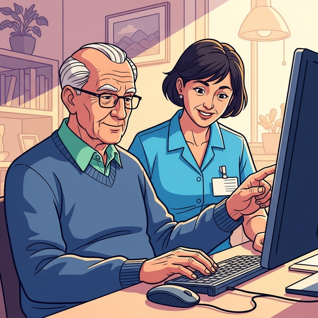 Starszy pacjent z chorobą Parkinsona zaangażowany w sesję terapii poznawczej na komputerze pod okiem terapeuty.