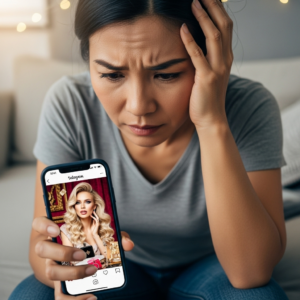 Zestresowana nastolatka przegląda Instagram na smartfonie, na ekranie widoczny jest wyidealizowany wizerunek influencerki.