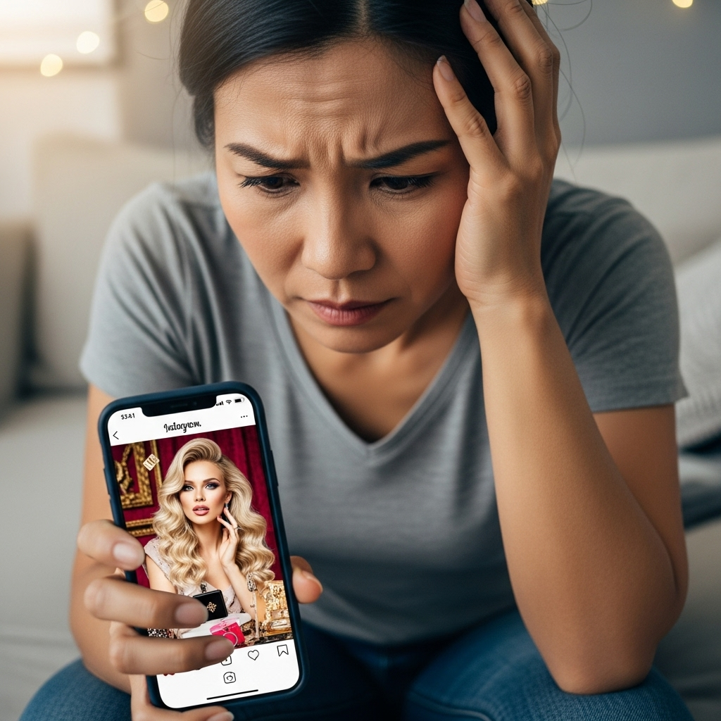 Zestresowana nastolatka przegląda Instagram na smartfonie, na ekranie widoczny jest wyidealizowany wizerunek influencerki.