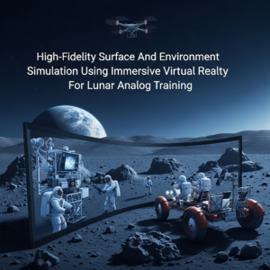 Ilustracja: Okładka opracowania naukowego zatytułowanego "High-Fidelity Surface And Environment Simulation Using Immersive Virtual Reality For Lunar Analog Training", symbolizująca temat zaawansowanego treningu kosmicznego.