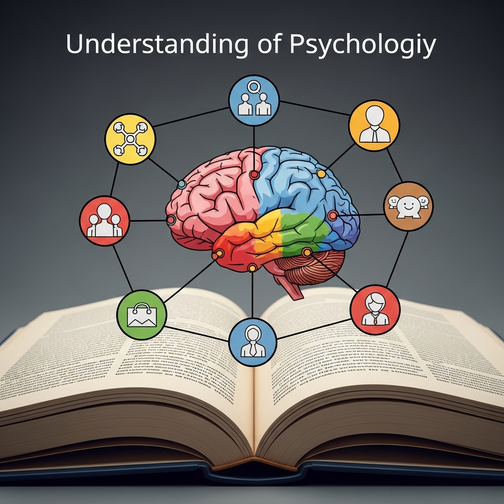 Ilustracja symbolizująca zrozumienie psychologii: schemat mózgu połączony z ikonami relacji, emocji i decyzji na tle otwartej książki.