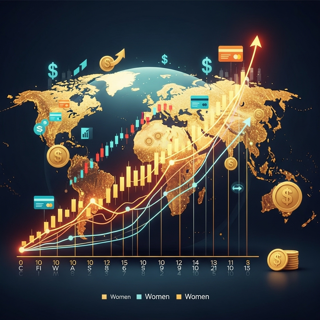 Wykres wzrostu zamożności kobiet na tle globu z symbolami finansów, ilustrujący przejmowanie kontroli nad rynkami przez kobiety-inwestorki.