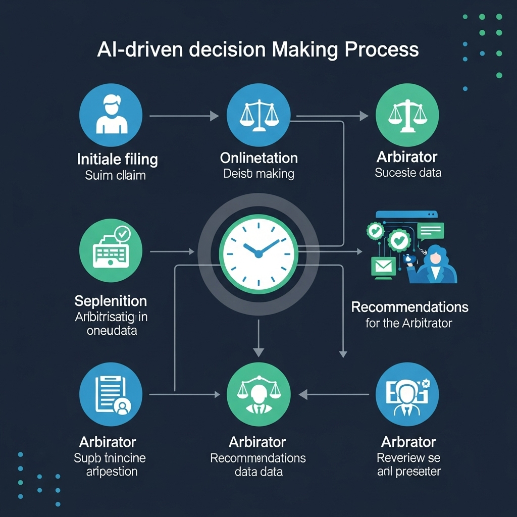 Diagram przedstawiający proces decyzyjny AI w arbitrażu online: od złożenia pozwu przez analizę danych do generowania rekomendacji dla arbitra, z zegarem symbolizującym skrócenie czasu postępowania.